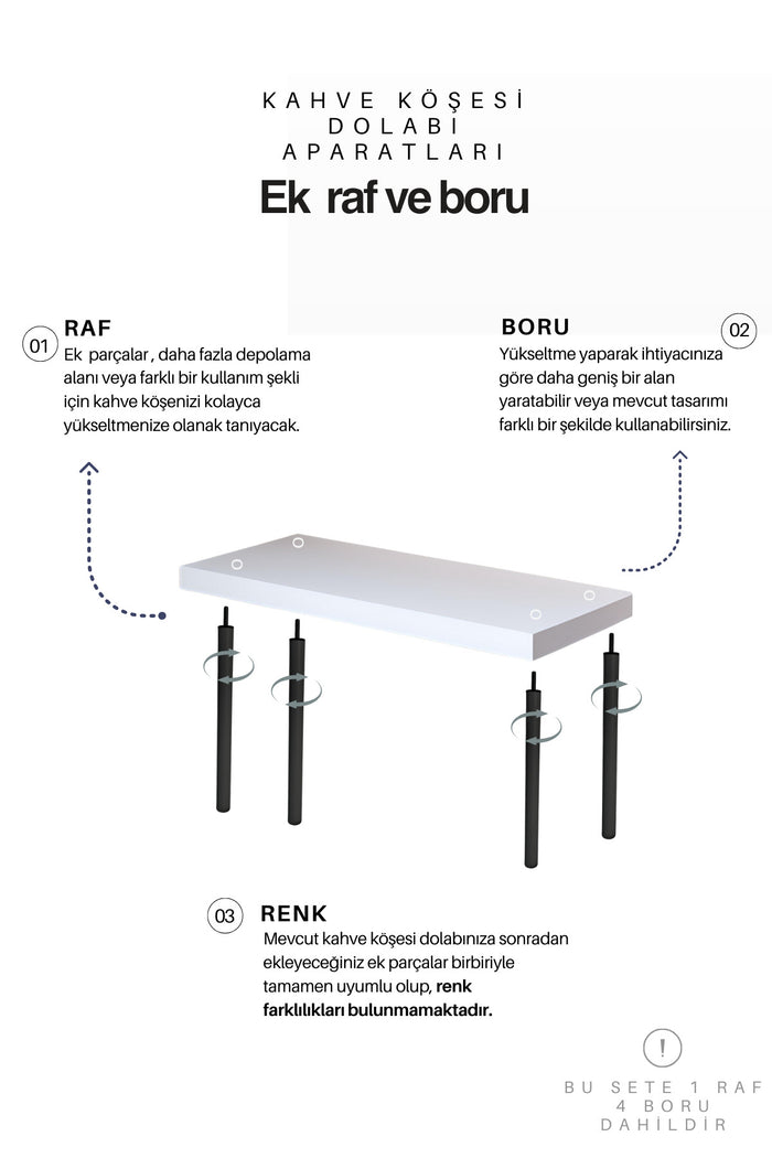 Mobitopya Ek Raf ve 4 Boru Seti (Siyah Boru / Beyaz Raf)
