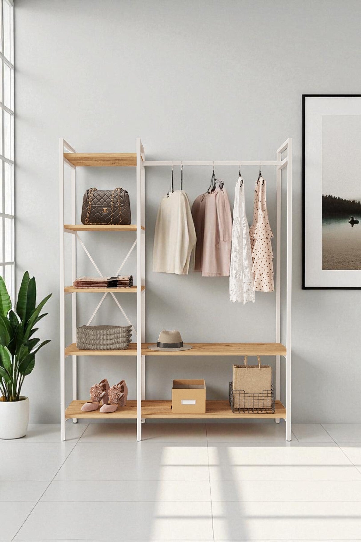 Mobitopya Nilamu Elbise Dolabı | Metal Gövdeli Açık Askılık & Organizer Dolap 130×170×34 cm