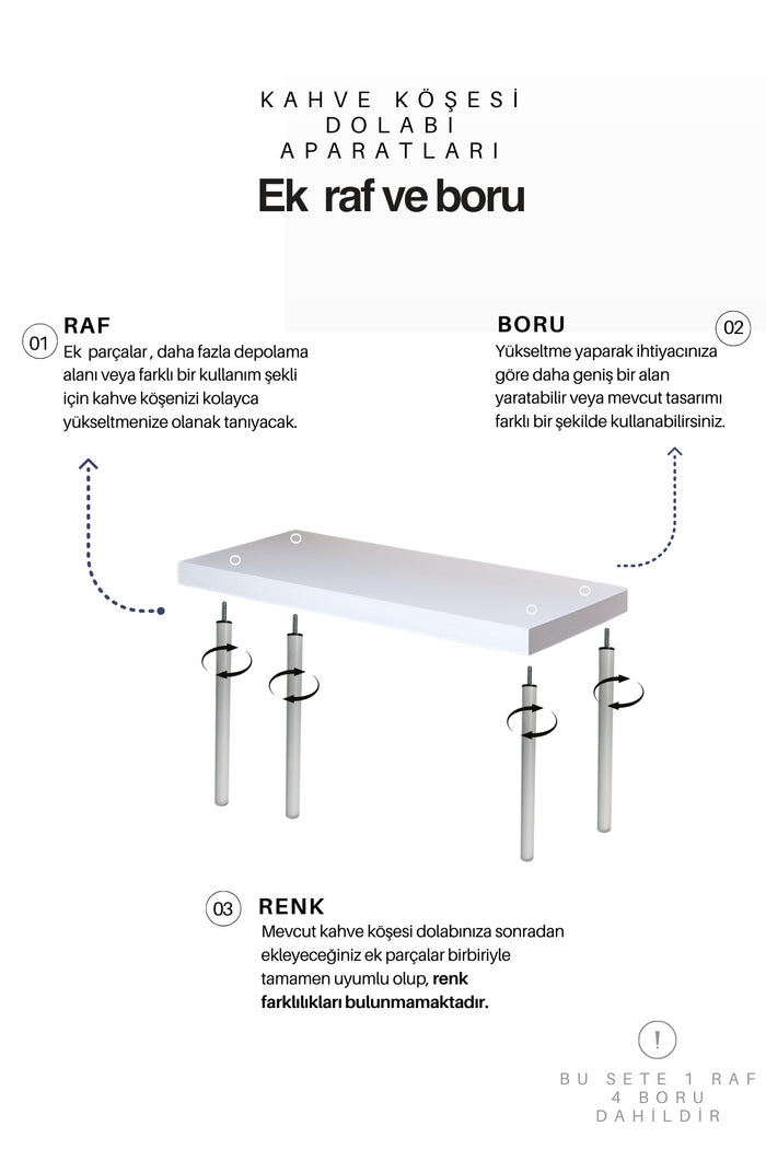 Mobitopya Ek Raf ve 4 Boru Seti (Beyaz Boru / Beyaz Raf)