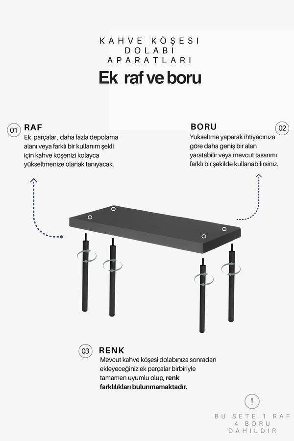 Mobitopya Ek Raf ve 4 Boru Seti (Siyah Boru / Antrasit Raf)