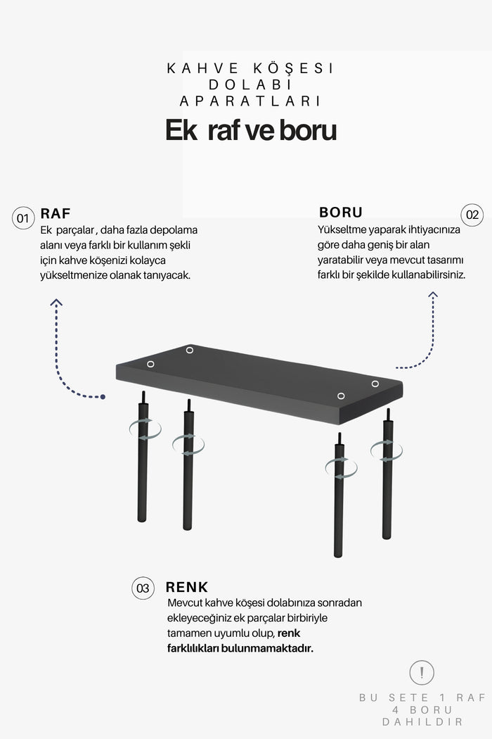 Mobitopya Ek Raf ve 4 Boru Seti (Siyah Boru / Antrasit Raf)