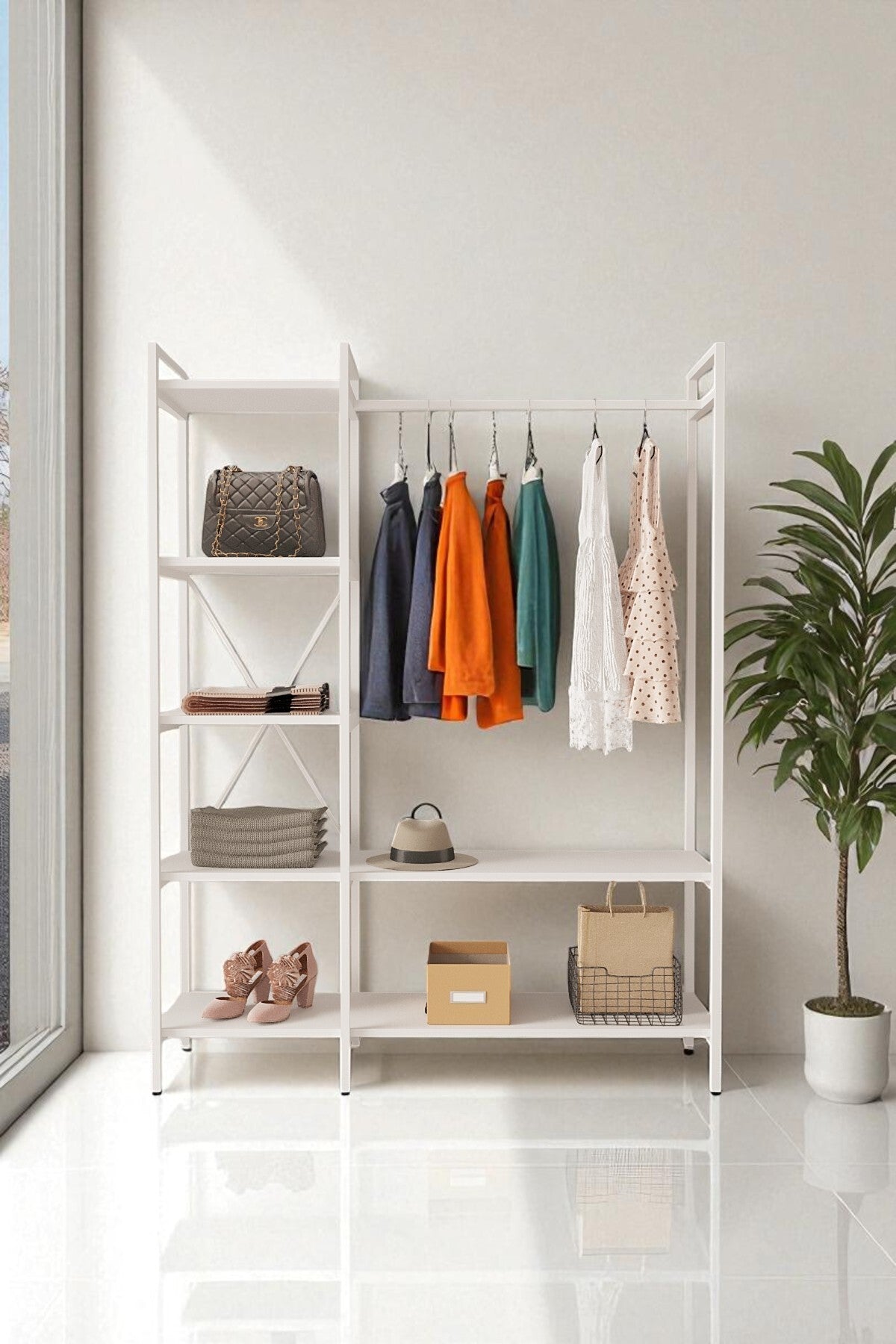 Mobitopya Nilamu Elbise Dolabı | Metal Gövdeli Açık Askılık & Organizer Dolap 130×170×34 cm