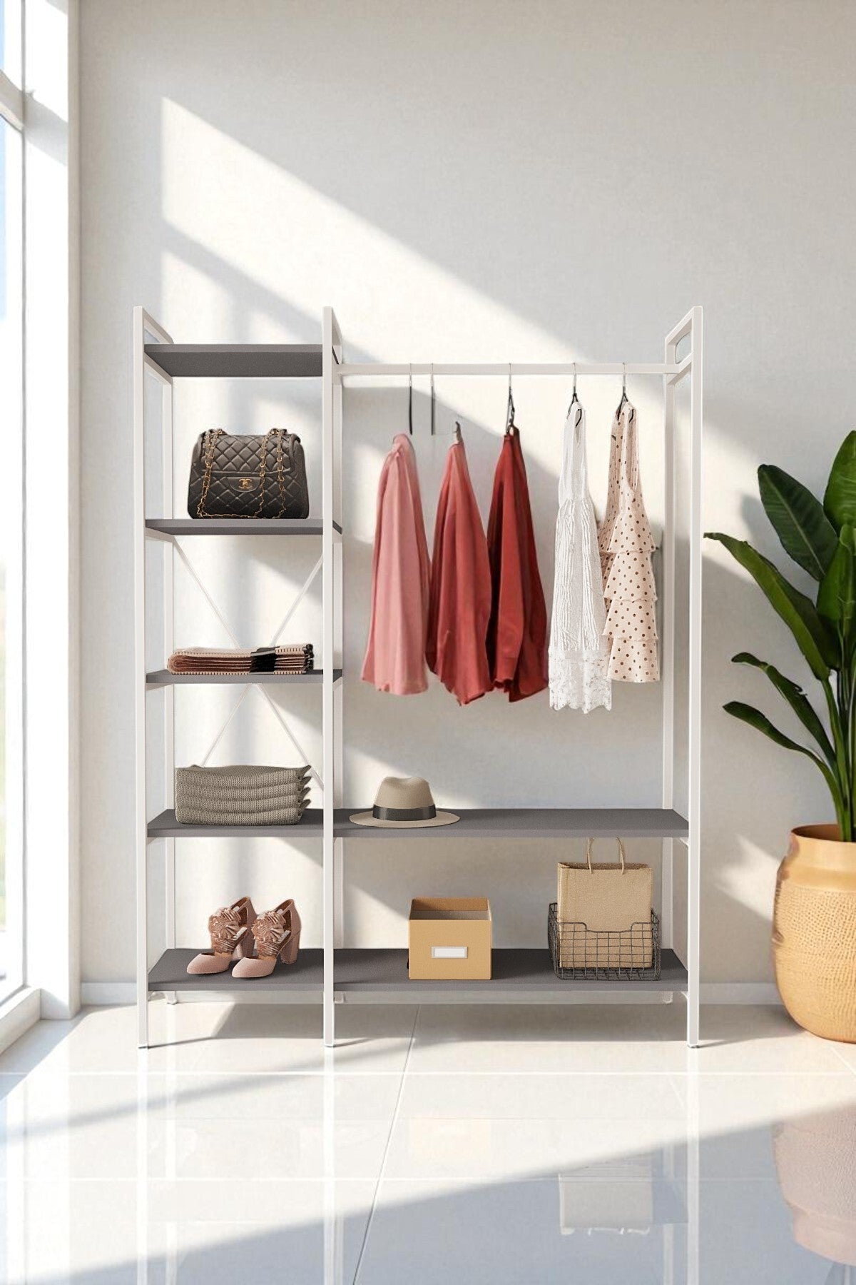 Mobitopya Nilamu Elbise Dolabı | Metal Gövdeli Açık Askılık & Organizer Dolap 130×170×34 cm