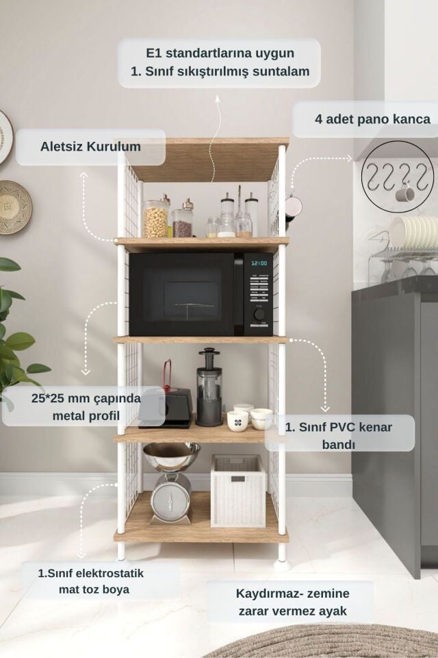 Mobitopya Çevir Kur Mutfak Rafı | Çok Amaçlı Mutfak Dolabı Düzenleyici & Organizer Stand Atlantik Çam - Beyaz Demir