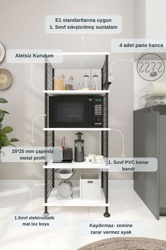 Mobitopya Çevir Kur Mutfak Rafı | Çok Amaçlı Mutfak Dolabı Düzenleyici & Organizer Stand Beyaz - Siyah Demir