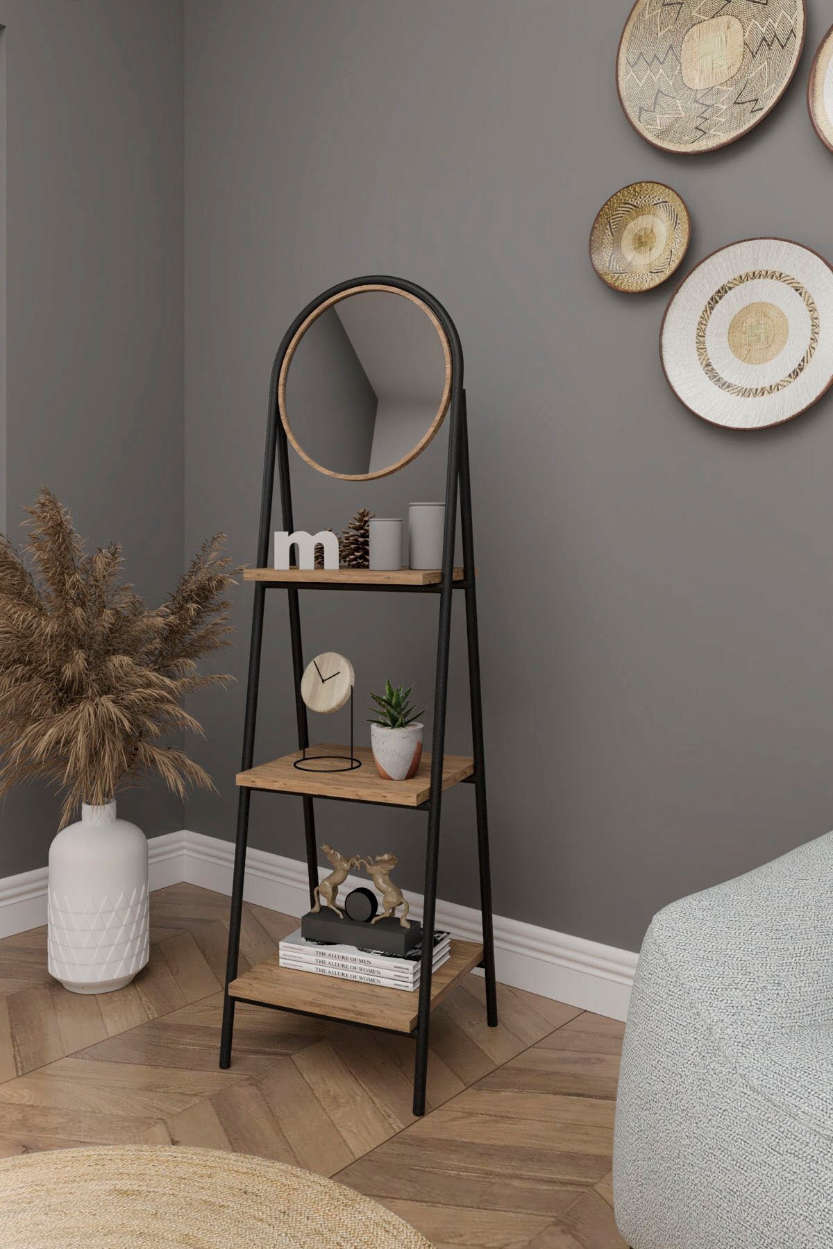 Mobitopya Aynalı 3 Raflı Düzenleyici Kitaplık | Ofis,Ev,Hol,Modern Çok Amaçlı Raf Ünitesi Atlantik Çam - Siyah Demir