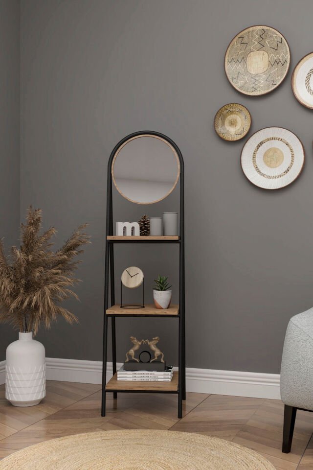 Mobitopya Aynalı 3 Raflı Düzenleyici Kitaplık | Ofis,Ev,Hol,Modern Çok Amaçlı Raf Ünitesi Atlantik Çam - Siyah Demir