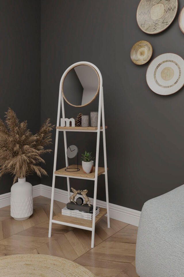 Mobitopya Aynalı 3 Raflı Düzenleyici Kitaplık | Ofis,Ev,Hol,Modern Çok Amaçlı Raf Ünitesi Atlantik Çam - Beyaz Demir