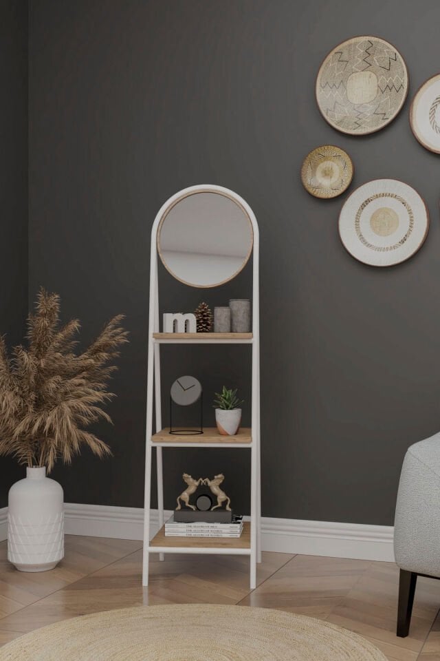 Mobitopya Aynalı 3 Raflı Düzenleyici Kitaplık | Ofis,Ev,Hol,Modern Çok Amaçlı Raf Ünitesi Atlantik Çam - Beyaz Demir