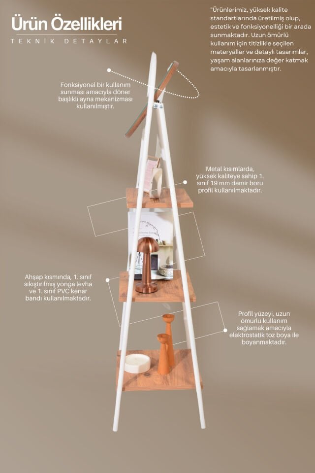 Mobitopya Aynalı 3 Raflı Düzenleyici Kitaplık | Ofis,Ev,Hol,Modern Çok Amaçlı Raf Ünitesi Atlantik Çam - Beyaz Demir