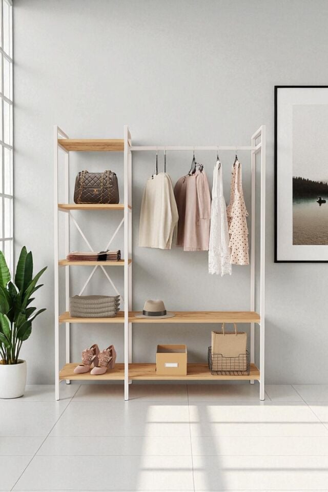 Mobitopya Nilamu Elbise Dolabı | Metal Gövdeli Açık Askılık & Organizer Dolap 130×170×34 Cm Atlantik Çam - Beyaz Demir
