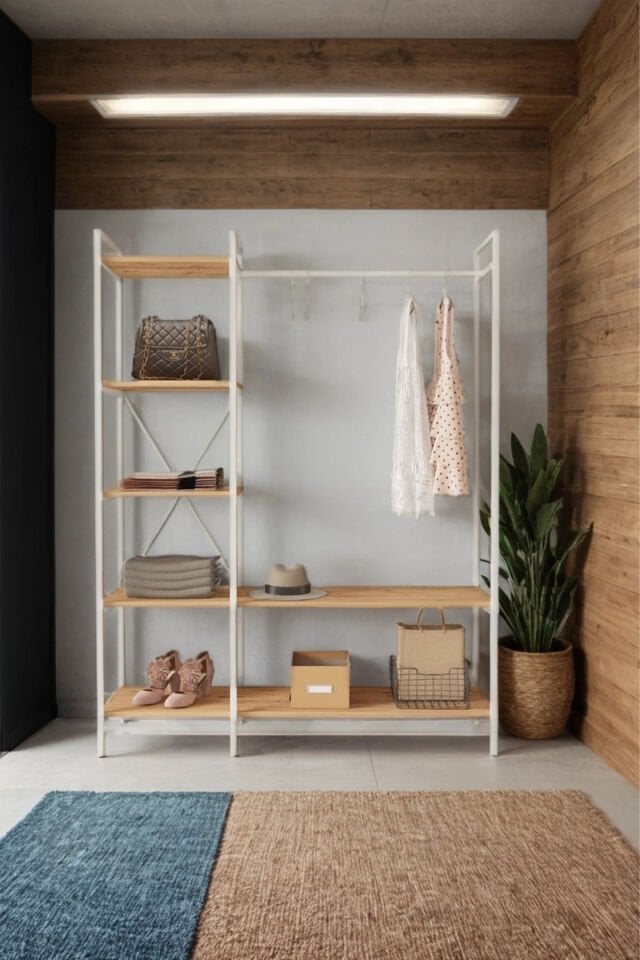 Mobitopya Nilamu Elbise Dolabı | Metal Gövdeli Açık Askılık & Organizer Dolap 130×170×34 Cm Atlantik Çam - Beyaz Demir