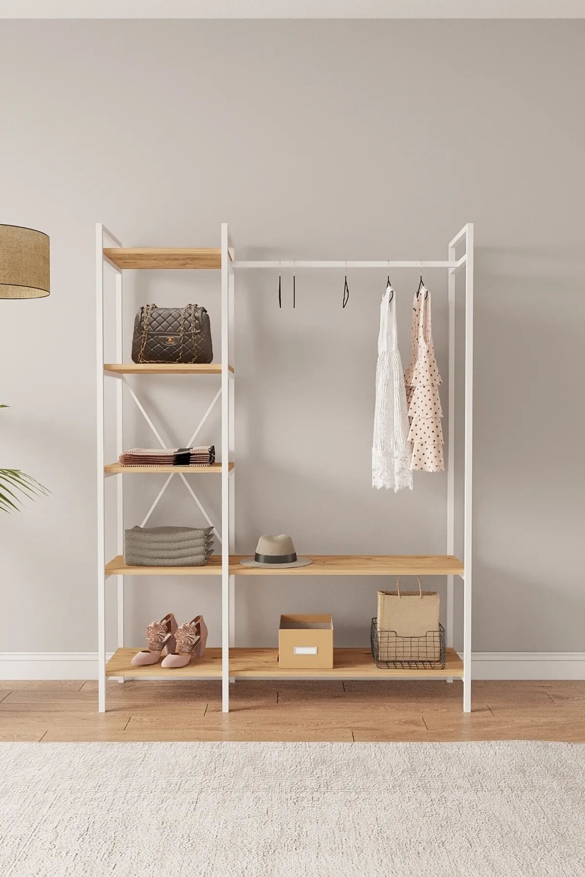 Mobitopya Nilamu Elbise Dolabı | Metal Gövdeli Açık Askılık & Organizer Dolap 130×170×34 Cm Atlantik Çam - Beyaz Demir