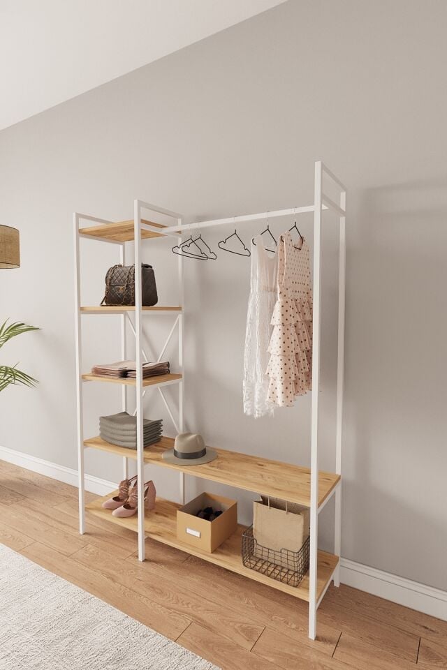 Mobitopya Nilamu Elbise Dolabı | Metal Gövdeli Açık Askılık & Organizer Dolap 130×170×34 Cm Atlantik Çam - Beyaz Demir