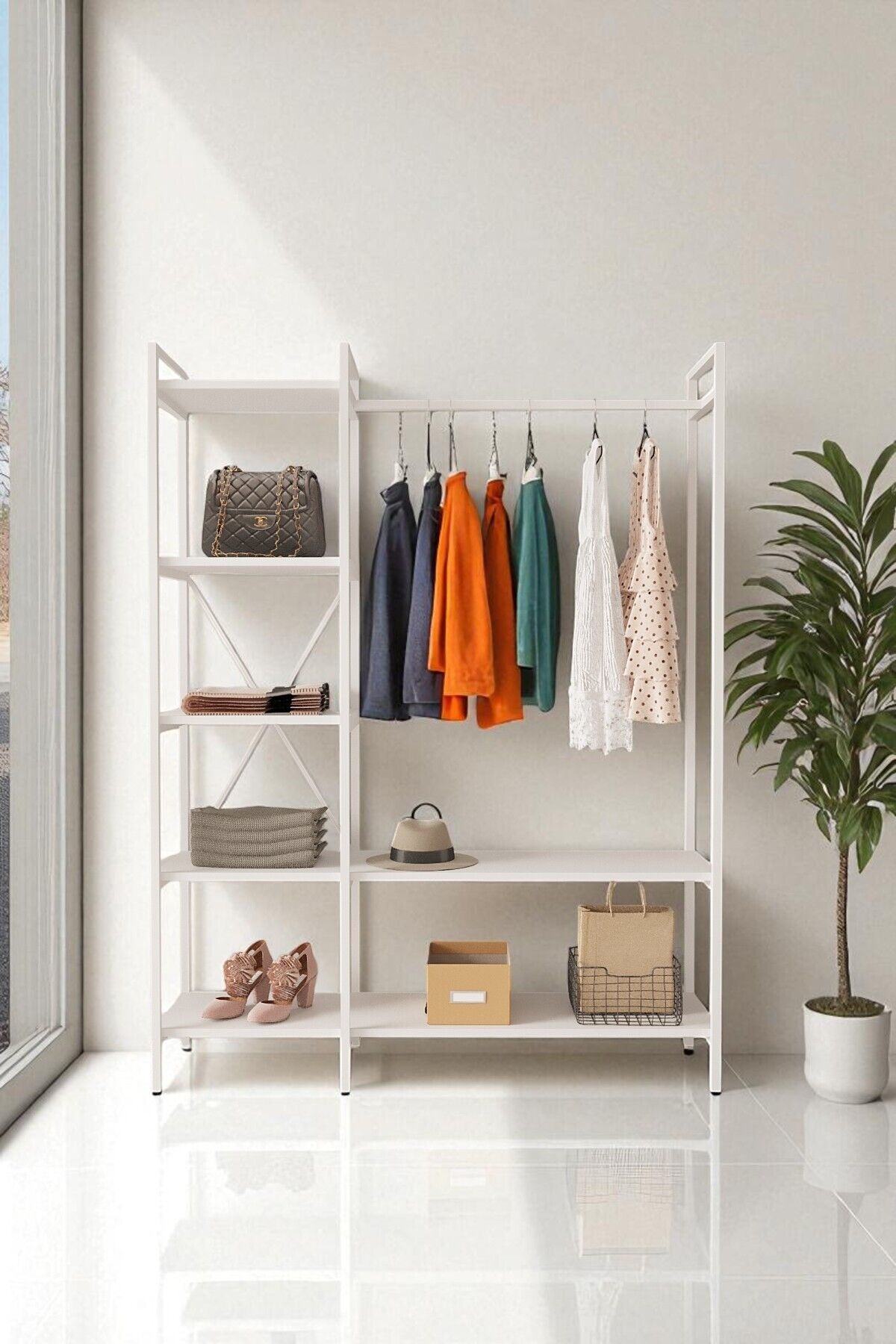 Mobitopya Nilamu Elbise Dolabı | Metal Gövdeli Açık Askılık & Organizer Dolap 130×170×34 Cm Beyaz - Beyaz Demir