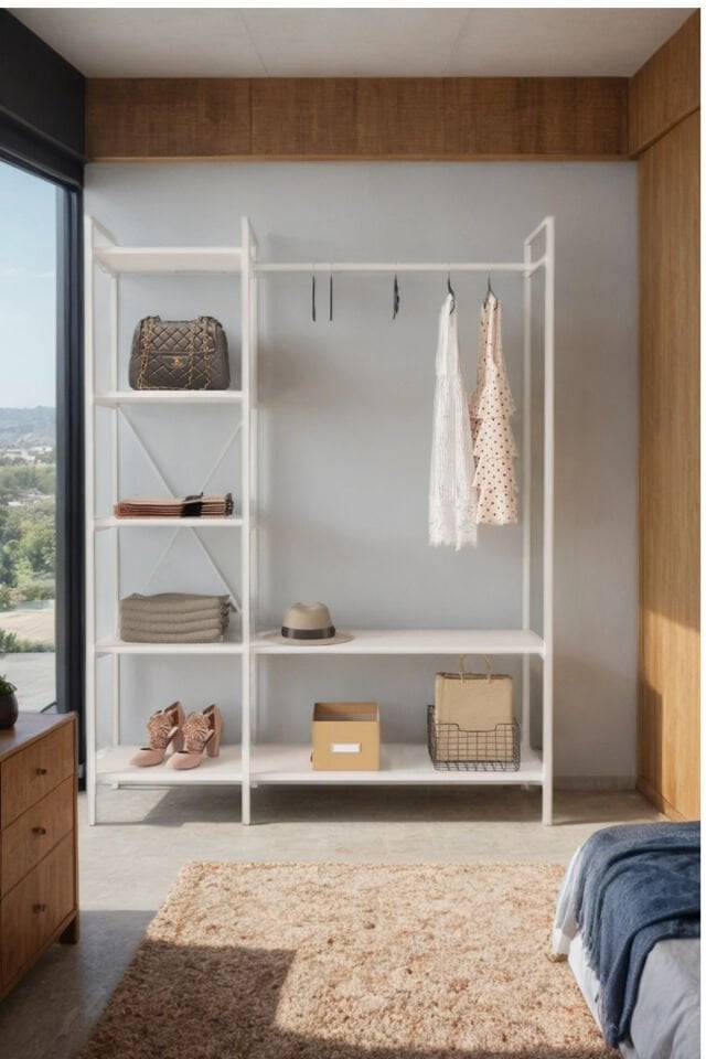 Mobitopya Nilamu Elbise Dolabı | Metal Gövdeli Açık Askılık & Organizer Dolap 130×170×34 Cm Beyaz - Beyaz Demir