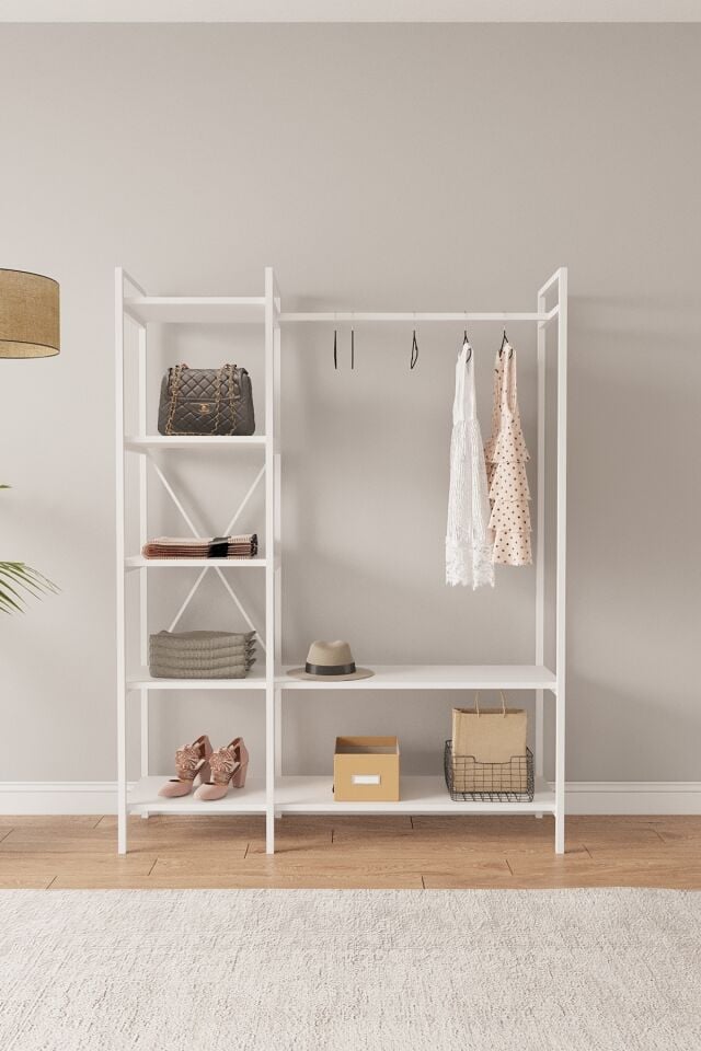 Mobitopya Nilamu Elbise Dolabı | Metal Gövdeli Açık Askılık & Organizer Dolap 130×170×34 Cm Beyaz - Beyaz Demir