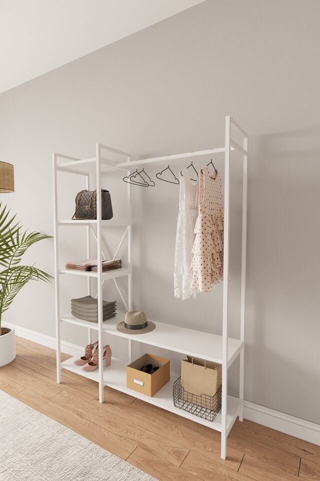 Mobitopya Nilamu Elbise Dolabı | Metal Gövdeli Açık Askılık & Organizer Dolap 130×170×34 Cm Beyaz - Beyaz Demir