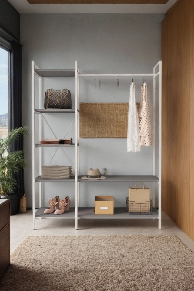 Mobitopya Nilamu Elbise Dolabı | Metal Gövdeli Açık Askılık & Organizer Dolap 130×170×34 Cm Antrasit - Beyaz Demir