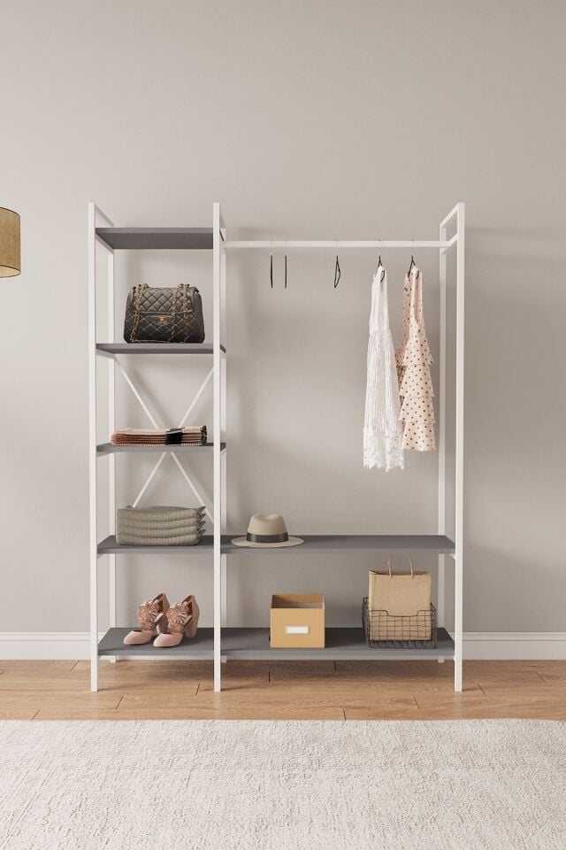 Mobitopya Nilamu Elbise Dolabı | Metal Gövdeli Açık Askılık & Organizer Dolap 130×170×34 Cm Antrasit - Beyaz Demir