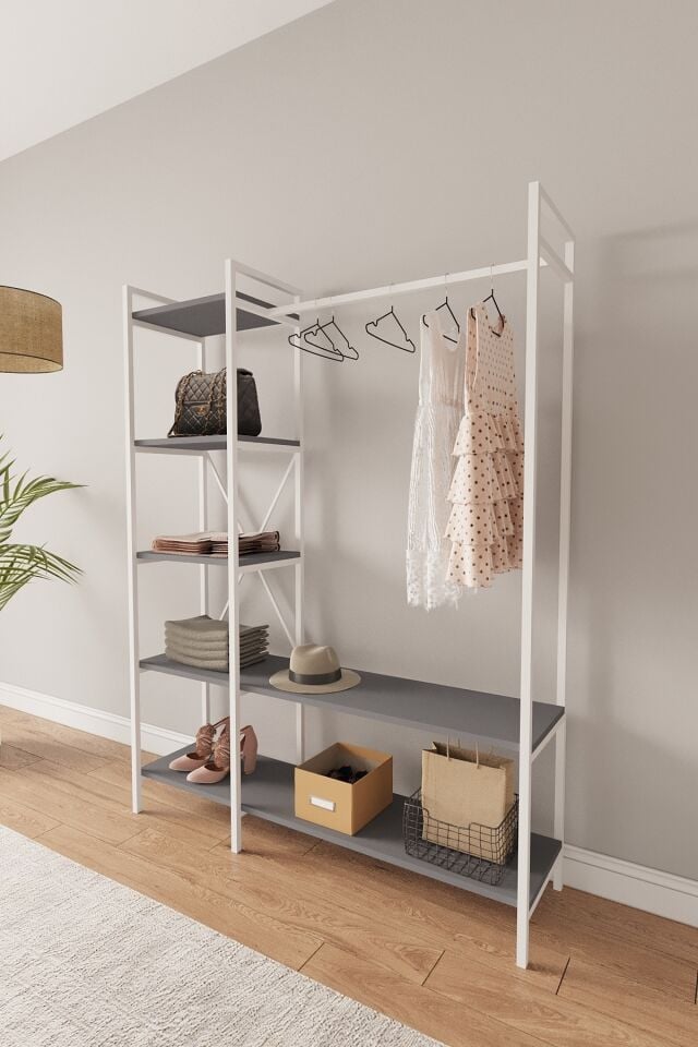 Mobitopya Nilamu Elbise Dolabı | Metal Gövdeli Açık Askılık & Organizer Dolap 130×170×34 Cm Antrasit - Beyaz Demir
