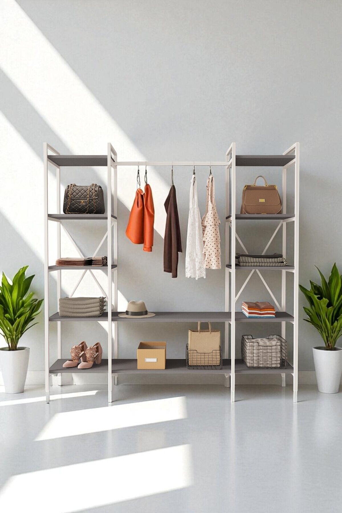 Mobitopya Elbise Dolabı | Metal Gövdeli Açık Askılık & Organizer Dolap 175x170x34 Cm Antrasit - Beyaz Demir