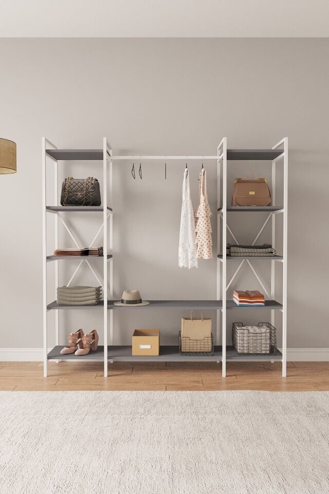 Mobitopya Elbise Dolabı | Metal Gövdeli Açık Askılık & Organizer Dolap 175x170x34 Cm Antrasit - Beyaz Demir