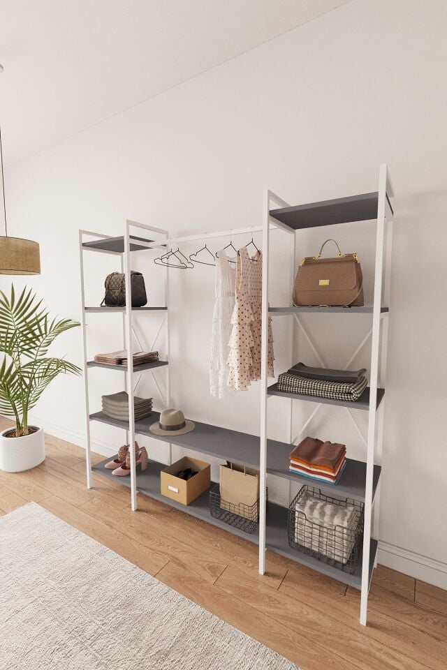 Mobitopya Elbise Dolabı | Metal Gövdeli Açık Askılık & Organizer Dolap 175x170x34 Cm Antrasit - Beyaz Demir