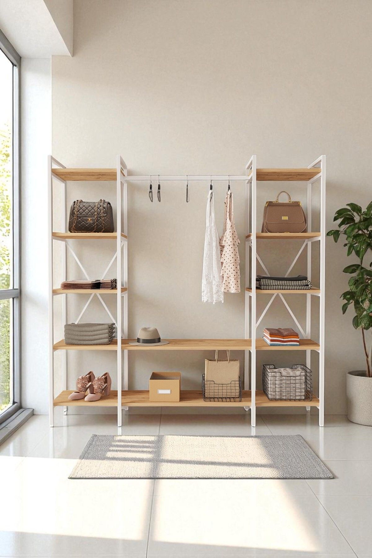 Mobitopya Nilamu Elbise Dolabı | Metal Gövdeli Açık Askılık & Organizer Dolap 175x170x34 Cm Atlantik Çam