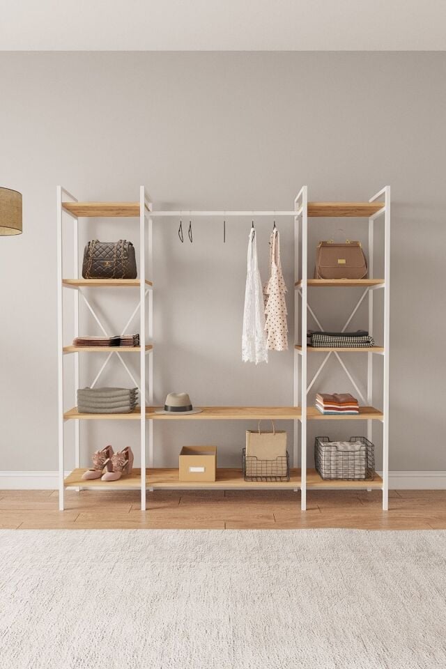 Mobitopya Nilamu Elbise Dolabı | Metal Gövdeli Açık Askılık & Organizer Dolap 175x170x34 Cm Atlantik Çam