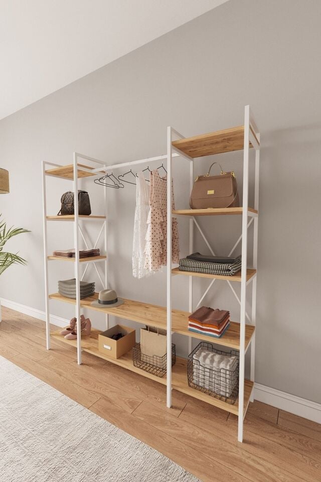 Mobitopya Nilamu Elbise Dolabı | Metal Gövdeli Açık Askılık & Organizer Dolap 175x170x34 Cm Atlantik Çam