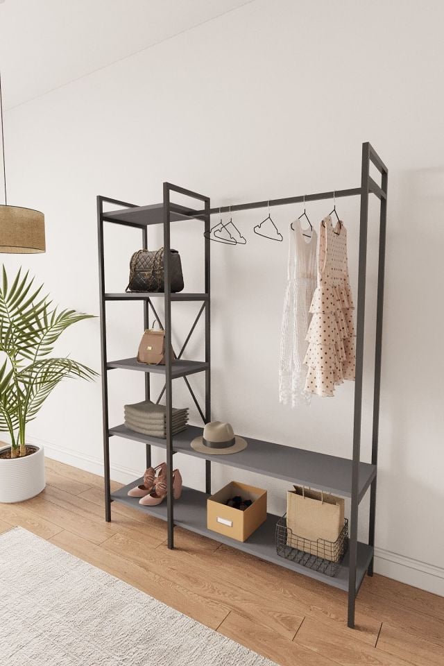 Mobitopya Nilamu Beyaz Elbise Dolabı | Metal Gövdeli Açık Askılık & Organizer Dolap 130×170×34 Cm