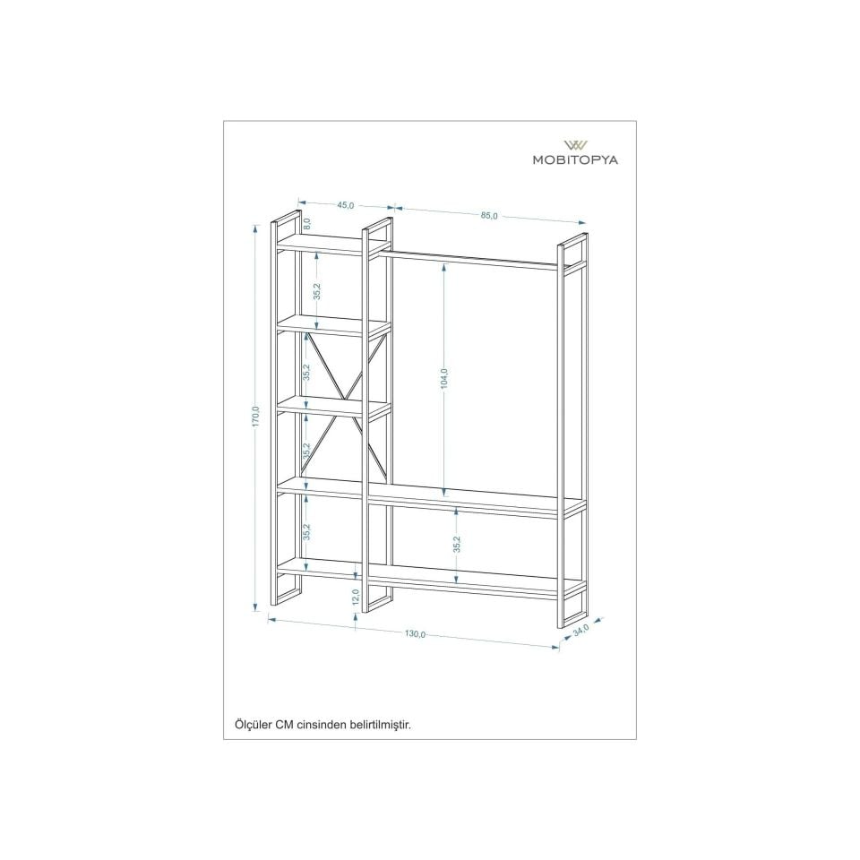 Mobitopya Nilamu Beyaz Elbise Dolabı | Metal Gövdeli Açık Askılık & Organizer Dolap 130×170×34 Cm