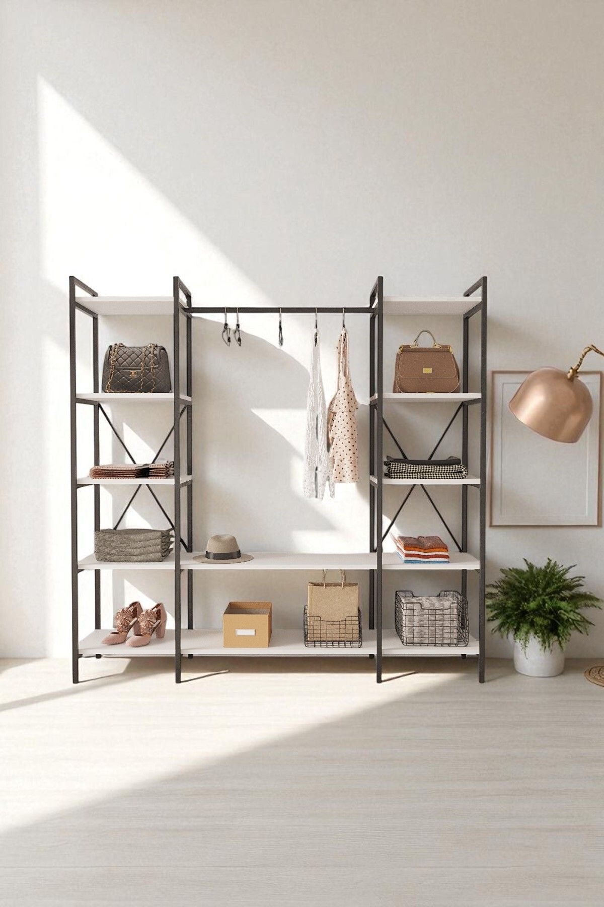 Mobitopya Nilamu Elbise Dolabı | Metal Gövdeli Açık Askılık & Organizer Dolap 175x170x34 Cm Antrasit