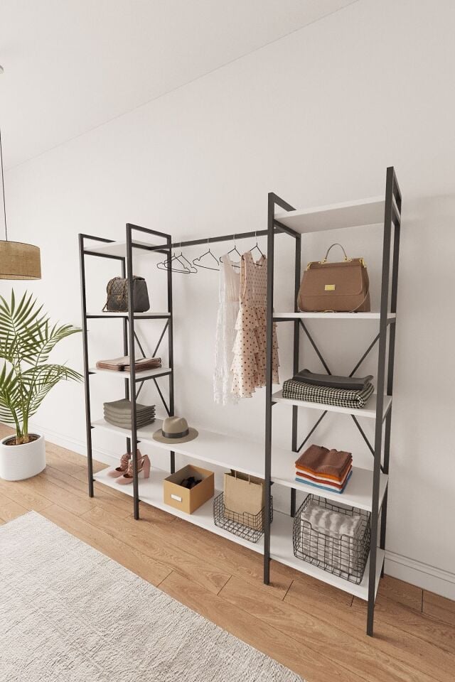 Mobitopya Nilamu Elbise Dolabı | Metal Gövdeli Açık Askılık & Organizer Dolap 175x170x34 Cm Antrasit