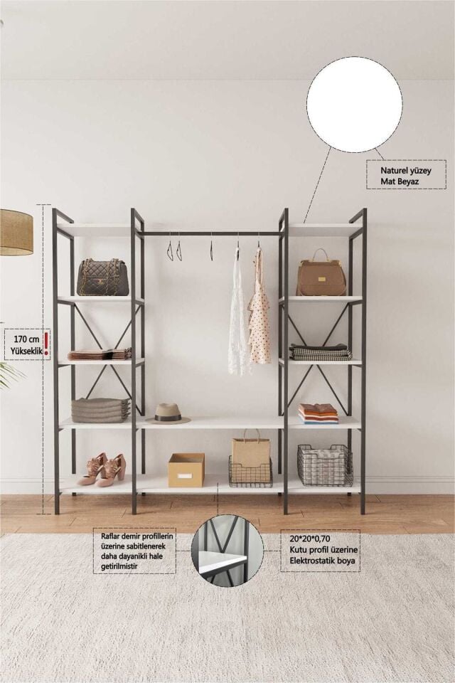 Mobitopya Nilamu Elbise Dolabı | Metal Gövdeli Açık Askılık & Organizer Dolap 175x170x34 Cm Antrasit