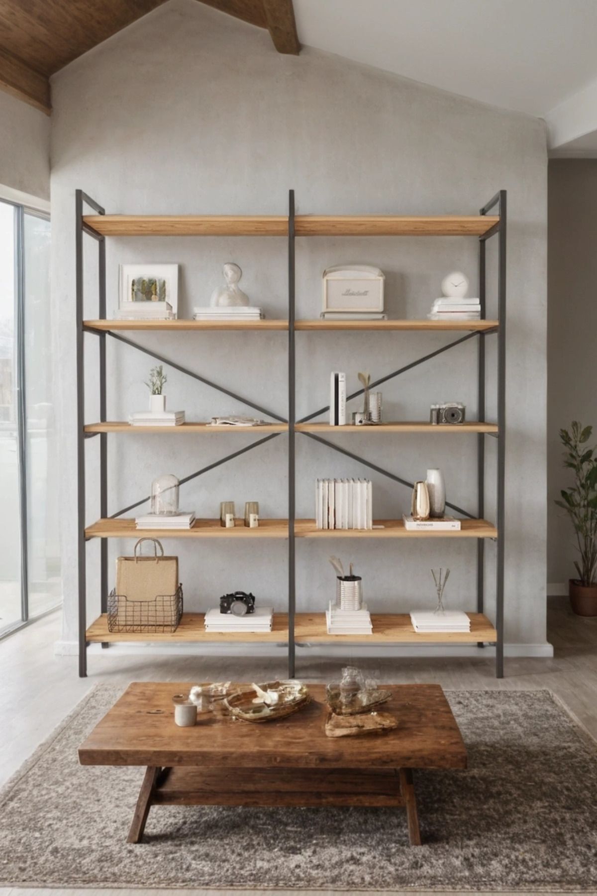 Mobitopya Nilamu 5 Raflı Kitaplık | Ofis & Ev Için Organizer Raf Ünitesi 150×170×34 Cm Atlantik Çam - Siyah Demir