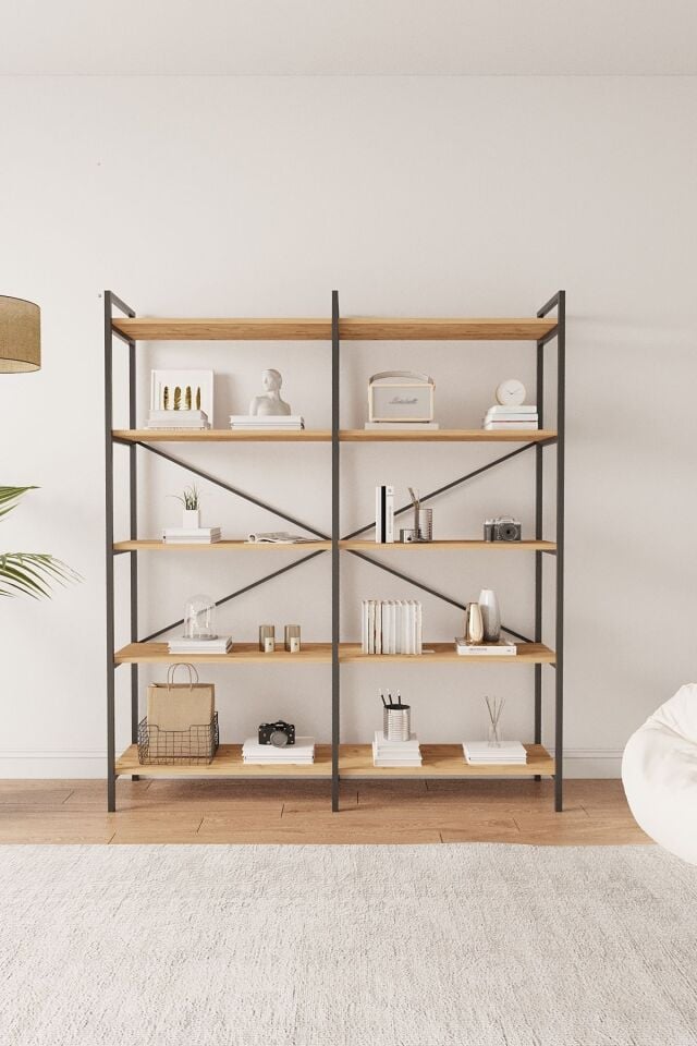 Mobitopya Nilamu 5 Raflı Kitaplık | Ofis & Ev Için Organizer Raf Ünitesi 150×170×34 Cm Atlantik Çam - Siyah Demir