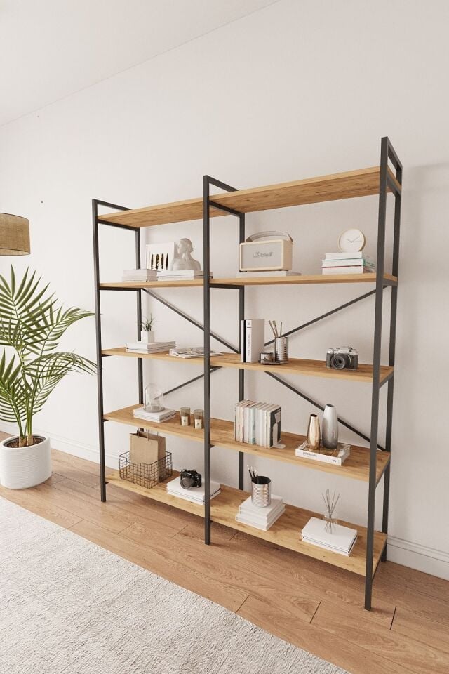 Mobitopya Nilamu 5 Raflı Kitaplık | Ofis & Ev Için Organizer Raf Ünitesi 150×170×34 Cm Atlantik Çam - Siyah Demir