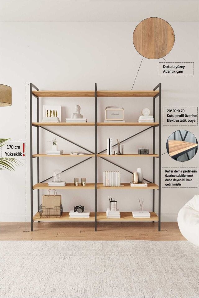 Mobitopya Nilamu 5 Raflı Kitaplık | Ofis & Ev Için Organizer Raf Ünitesi 150×170×34 Cm Atlantik Çam - Siyah Demir