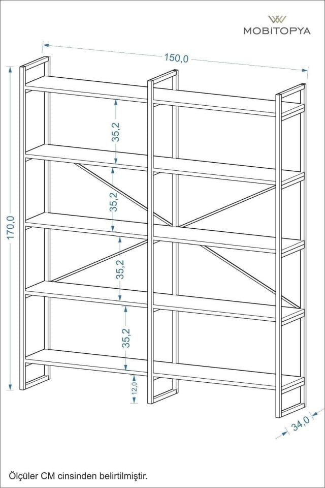 Mobitopya Nilamu 5 Raflı Kitaplık | Ofis & Ev Için Organizer Raf Ünitesi 150×170×34 Cm Atlantik Çam - Siyah Demir
