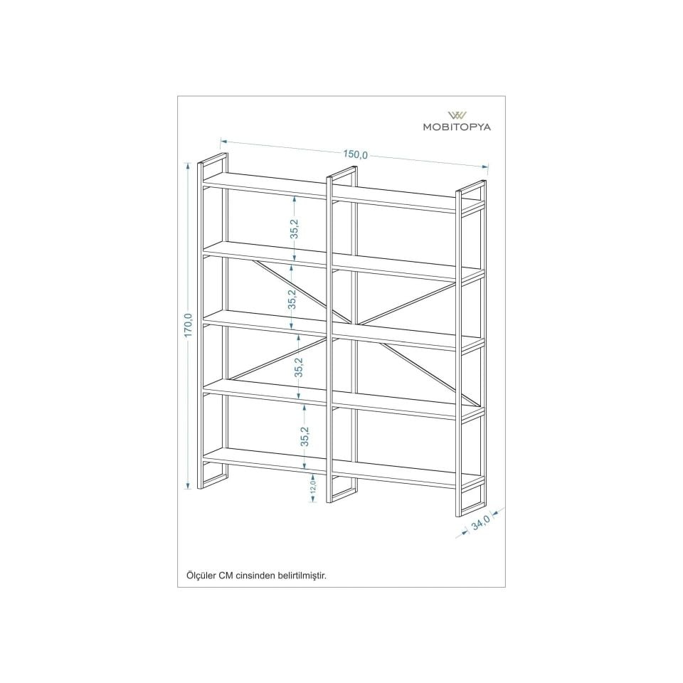 Mobitopya Nilamu Beyaz 150 Cm Kitaplık / Organizer / Ofis / Ev / 5 Raflı Kitaplık/ 150*170*34