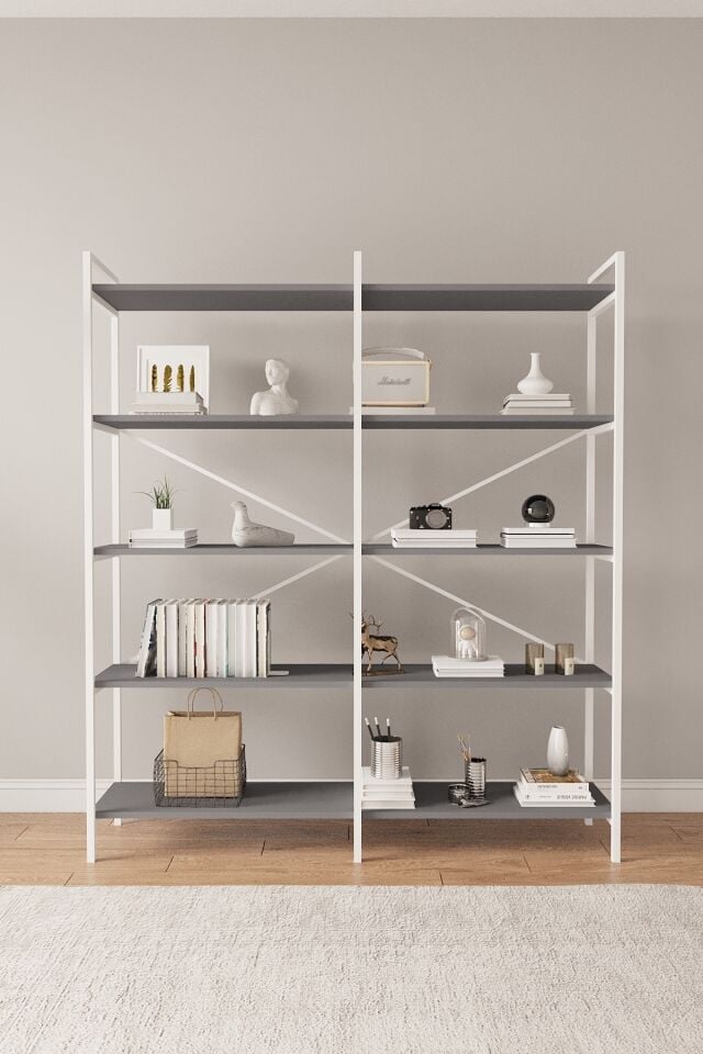 Mobitopya 5 Raflı Kitaplık | Ofis & Ev Için Organizer Raf Ünitesi 150×170×34 Cm Antrasit - Beyaz Demir