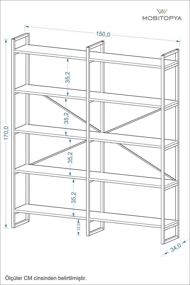 Mobitopya 5 Raflı Kitaplık | Ofis & Ev Için Organizer Raf Ünitesi 150×170×34 Cm Antrasit - Beyaz Demir