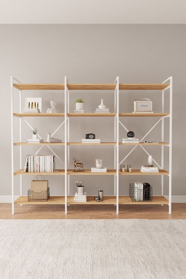 Mobitopya 200 Cm Kitaplık | Metal Gövde. Açık Raflı Organizer Ve Düzenleyici Atlantik Çam - Beyaz Demir