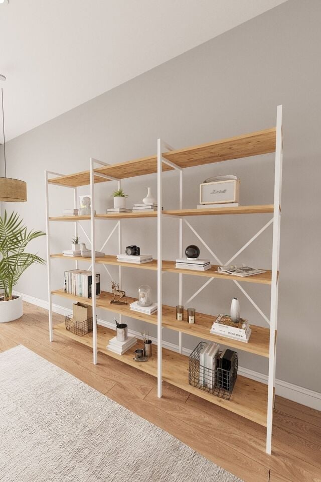 Mobitopya 200 Cm Kitaplık | Metal Gövde. Açık Raflı Organizer Ve Düzenleyici Atlantik Çam - Beyaz Demir