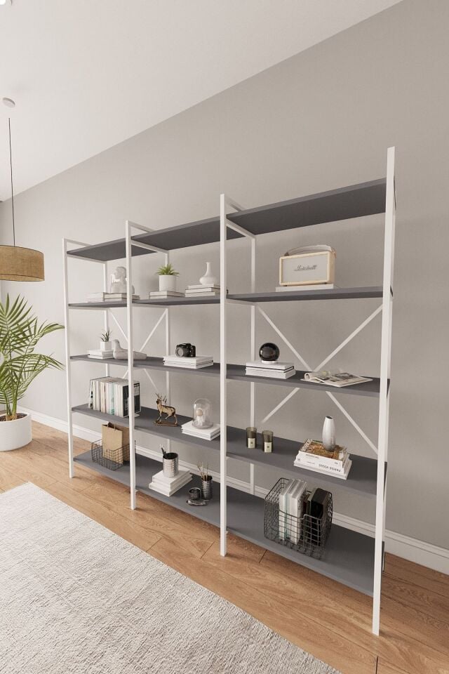 Nilamu 200 Cm Kitaplık | Metal Gövde. Açık Raflı Organizer Ve Düzenleyici Antrasit