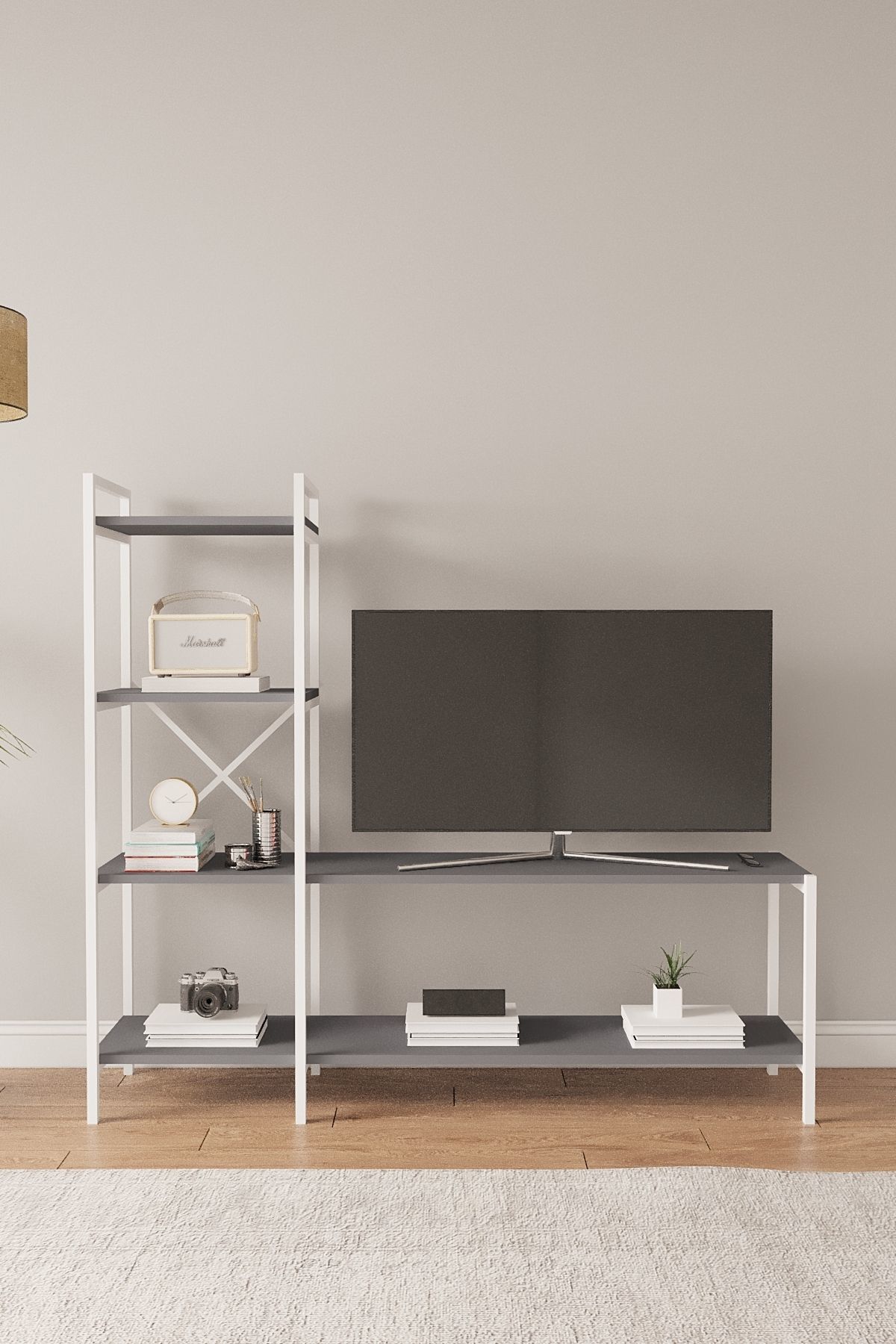 Mobitopya Nilamu Tv Ünitesi | Açık Raflı Tv Sehpası Ve Çok Amaçlı Düzenleyici Raf 150×135×30 Cm Antrasit - Beyaz Demir