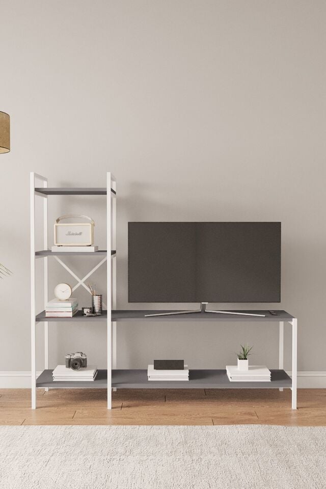Nilamu Tv Ünitesi | Açık Raflı Tv Sehpası Ve Çok Amaçlı Düzenleyici Raf 150×135×30 Cm Antrasit