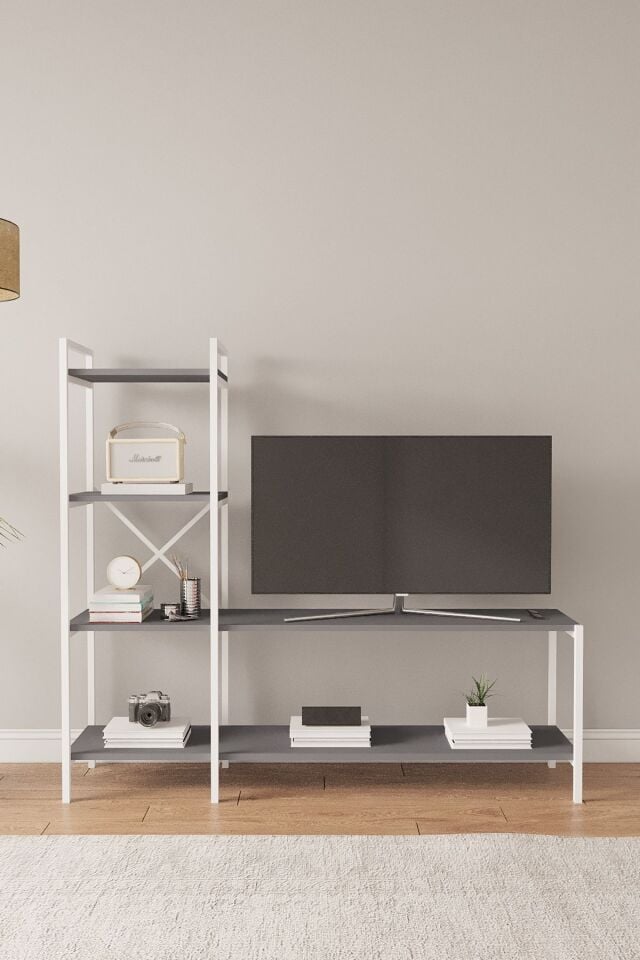 Nilamu Tv Ünitesi | Açık Raflı Tv Sehpası Ve Çok Amaçlı Düzenleyici Raf 150×135×30 Cm Antrasit
